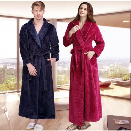 Women Winter Extra Long Thick Grid Flannel Bath Robe Soft Peignoir Sexy Warm Dressing Gown Men Bathrobe Bridesmaid Wedding Robes