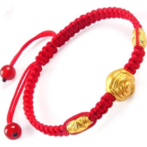 New 999 Pure 24K Yellow Gold 10mm 3D Rose Flower & Fine Bead Womans Lucky Adjustable Bracelet