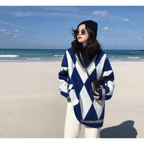Chic Harajuku Vintage Preppy Style Sweater Women Autumn New Korean Fashion Loose Simple V-Neck Casual Pull Oversize Femme AA5284