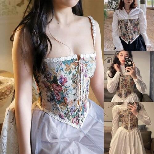 Women Vintage Flower Print Sexy Corset Crop Top Summer Patchwork Slim Bustier Tank Tops with Bandage for Jeans Skirt