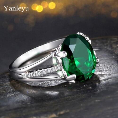 Yanleyu Luxury Vintage Green Gemstone Ring Real 925 Sterling Silver Cubic Zircon Wedding Engagement Rings for Women PR372