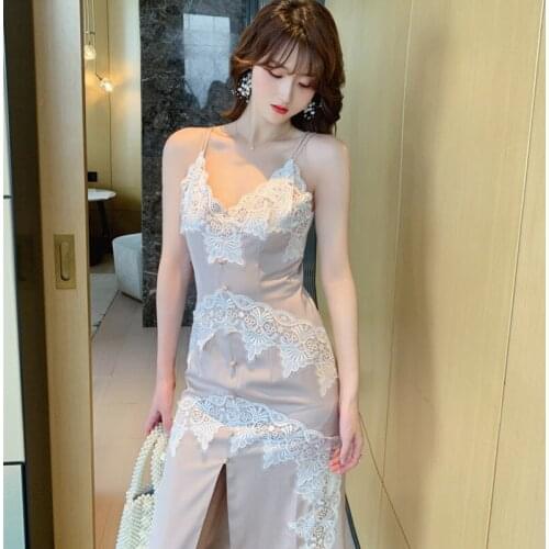 Summer Spaghetti Strap Lace Patchwork Pencil Dress Elegant Sexy Party Dresses Women Bodycon Ladies Office Dress Classy Vestidos