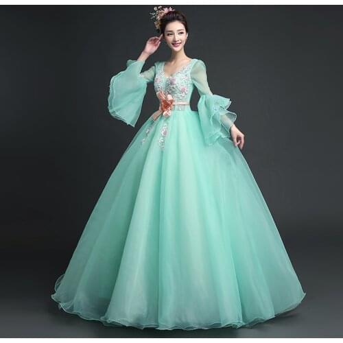 100%real full ruffled sleeve light green princess medieval dress Renaissance Gown queen Victoria/Antoinette/ball gown/Belle Ball