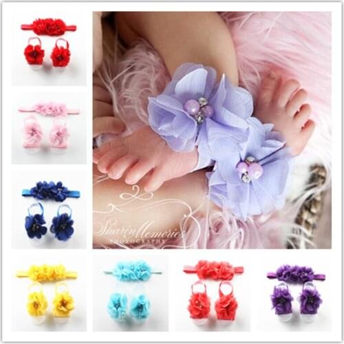 14 Sets/lot Children Hand Sewing Chiffon Rhinestone Headband + Foot Flowers European American Style Wrist Band