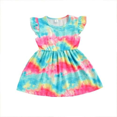 2021 1-6Y Summer Kids Girls Dress Cute Tie Dye Print Fly Sleeve O Neck Tunic A-line Dress Toddler Casual Clothes