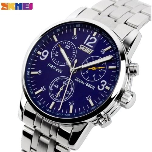 SKMEI Japan Movement Quartz Watch Men Three Eyes Stainless Steel Genuine Leather Strap WristWatches Mens Clock reloj hombre 9070