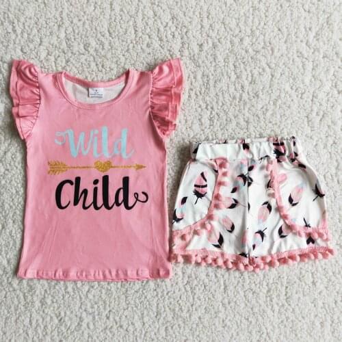 Wild Child Baby Girls Summer Boutique Outfits Pink Milk Silk Shirt Feather Pattern Shorts with Pompom