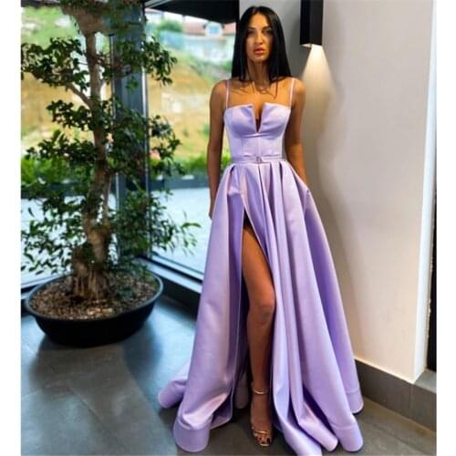 Lilac A Line Long Prom Evening Dresses Side Slit Formal Party Gowns вечерние платья Satin suknie wieczorowe Floor Length
