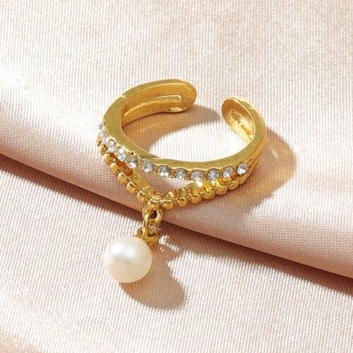 Elegant Gold Adjustable Crystal Crown Rings for Women Bridal Luxury Pearl Rhinestone Wedding Engagement Open Rings Anel Gift