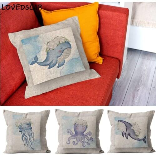 Light Blue Dolphin Squid Octopus Light Linen Sofa Sitting Cushion Cover 40 45 50 Patterned Throw Pillow Seafaring Marine Decor