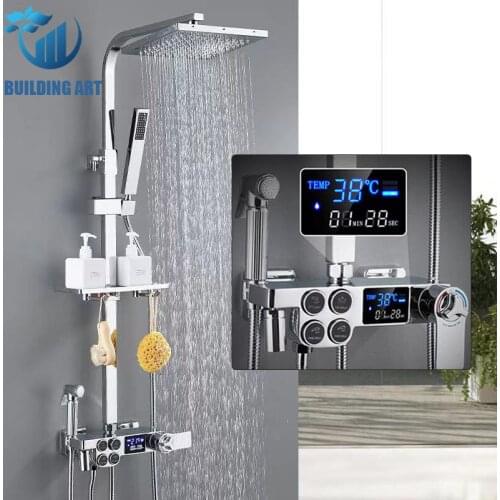 Chrome Brass Thermostatic Digital Display Shower Faucet Set Bathroom Faucet Set Showers Sets Mixer Bidet Faucet Wall Mounted