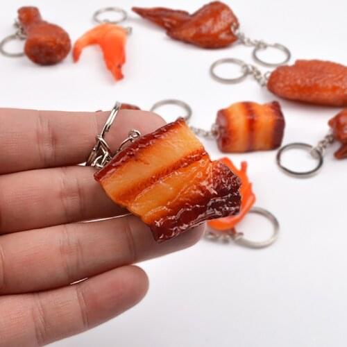 Creative Funny PVC Food Keychain Pigs Trotters Chicken Wings Soy-braised Pork Metal Keychain Key Ring Gifts 2020