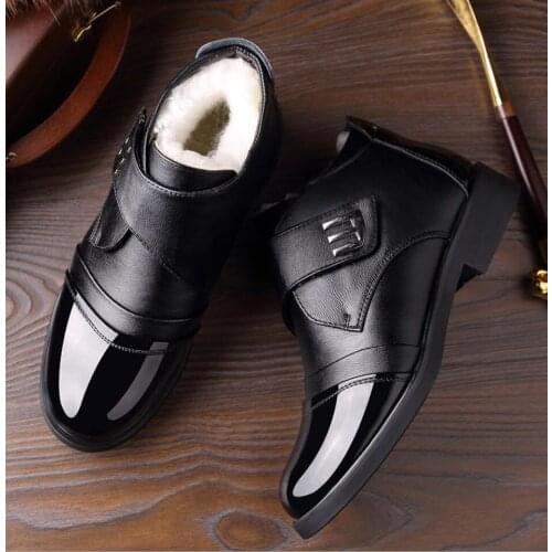 Genuine leather Men Boots Warm thick wool Winter Men patent leather Shoes hombre Snow Boots Mens office wedding leather Shoes