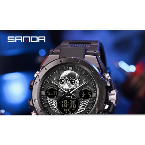 SANDA Men Fashion Sport fluorescent Wrist Watch Transparent Quartz Waterproof LED Dual Display Male Clock Watch Orologio da uomo