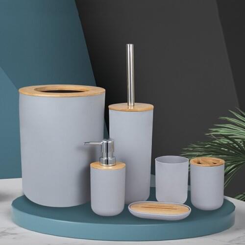 Bathroom Accessories Set 6 Pieces Bamboo Room Set Toothbrush Holder Soap Dispenser Toilet Brush Trash Can Bathroom Essential Set