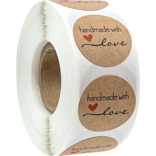 500pcs/roll 1Inch Round Natural Kraft Handmade with Love Stickers Labels Stickers For DIY Envelope Packing Gift Box Decoration