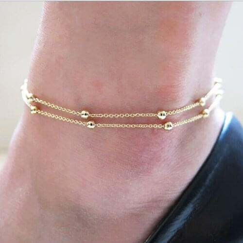 New Fashion Footwear Jewelry Gold / Two-color Chain Foot Ring Double Chain Beads Ankle Foot Ornaments For Women Girl