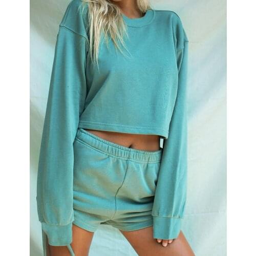 New Women Casual Pyjamas Set Round-necked Home Clothes Loose Lazy Draw Rope Shorts Set Pajama Set Solid Color Sleepwear