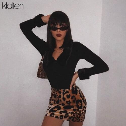 KLALIEN autumn female coat solid black stretch Slim knitting top women Soft fur collar design casual high street coat 2020