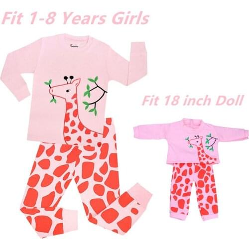 Baby Girls Giraffe Cartoon Pyjamas Sets Kids Reindeer Matching Girls&18 inches Doll Pajama Sets Pyjamas Kids Xmas Pijamas Kids