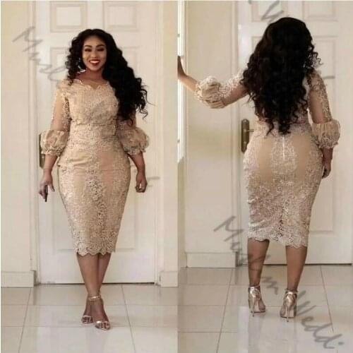 Plus Size Mermaid Evening Dress Champagne Long Sleeves Short Black Girls Prom Dresses 2020 Lace Formal Party Gowns Tea Length