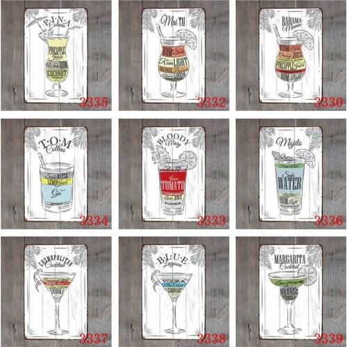 Variety Cocktail and Juice Mix Vintage Tin Signs Maitai Mojito Bloody Mary Margarita Blue Lagoon Metal Plates for Bar Decoration