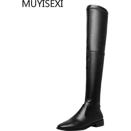 Over the Knee Boots Black Genuine leather+Elastic PU Thigh High Boots Women 4 cm Chunky Heel Knee Boots plus size JD06 MUYISEXI