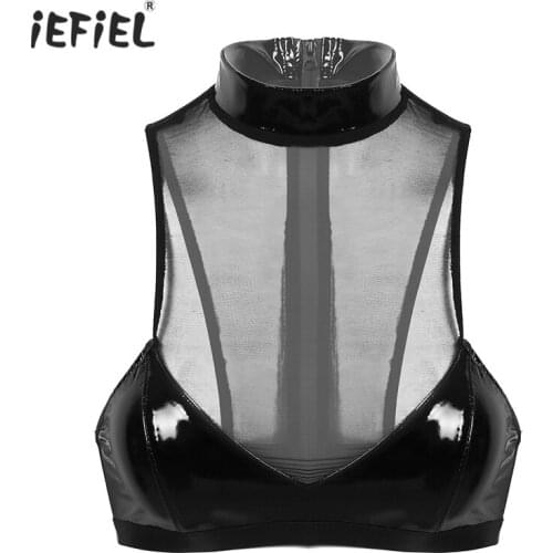 Sexy Women Sheer Mesh and Patent Leather Bra Top Exotic Tanks High Neck Hollow Out Strappy Back Bra Top Crop Tops Clubwear