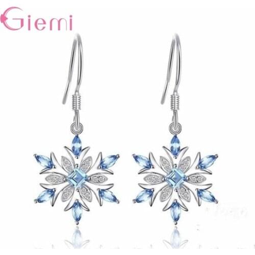 Exquisite Cubic Zirconia Snowflake Christmas Earrings luxury Fashion Blue Cz Earrings For Women 925 Sterling Silver Jewelry