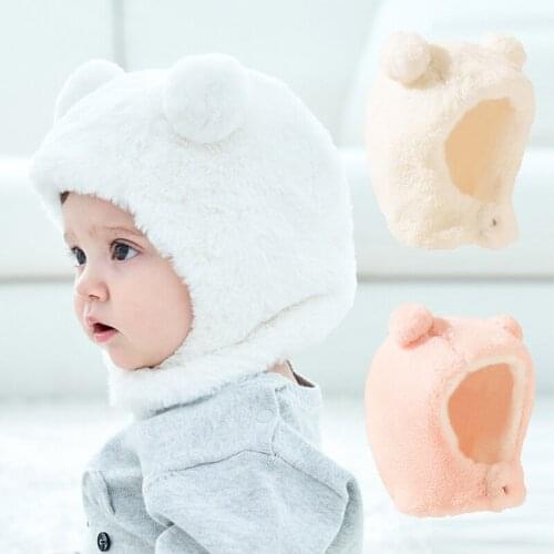 Winter Faux Fur Plush Baby Hat Cute Pompom Baby Boys Girls Cap Beanies Soft Solid Color Ear Protection Kids Children Hat