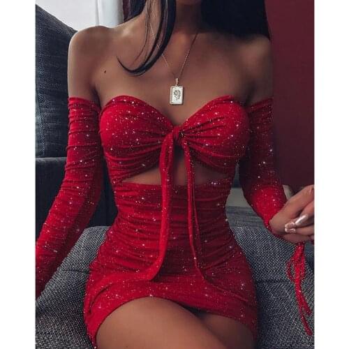 Spring Hollow Out Strapless Shiny Party Dress Women Sexy Tie-up Bandage Bodycon Dress Fashion Long Sleeve Pleated Mini Dresses