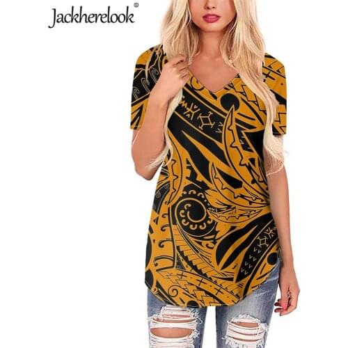 Jackherelook Ladies V-neck Tops Blouse Polynesian Tottoo Tribal Womens Short Sleeve Shirt Summer Female Blusas Femininas Mujer