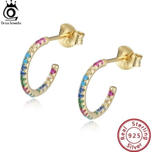ORSA JEWELS Trendy Rainbow CZ Round Hoop Earrings for Women Geometric 925 Silver Unusual Earrings Jewelry Gifts 2021 EQE38