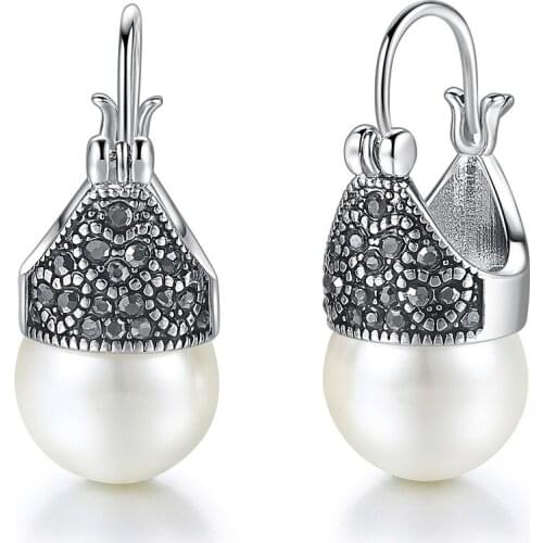 Elegant pearl & zircon diamonds gemstones drop earrings for women white gold silver color jewelry brincos bijoux bague fashion