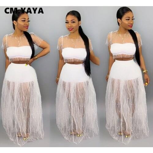 CM.YAYA Mesh Patchwork White Beading Maxi Skirts Set for Womens Matching Set Short Sleeve Crop Tops Sexy Night Party Outfits