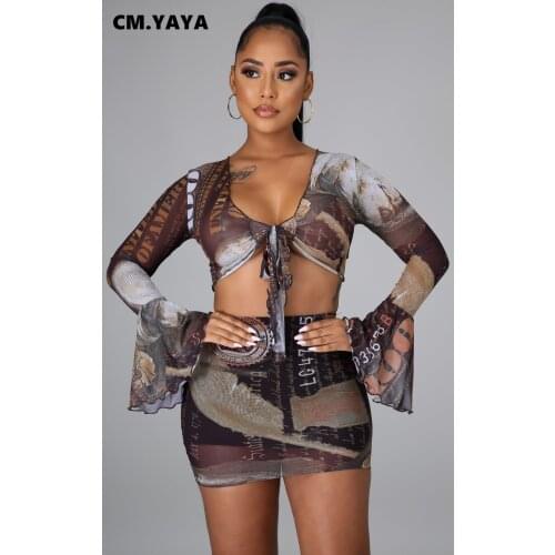 CM.YAYA US Dollar Mesh Sweatsuit Womens Set Flare Sleeve Crop Top Mini Midi Skirt Suit Tracksuit Two Piece Set Fitness Outfit