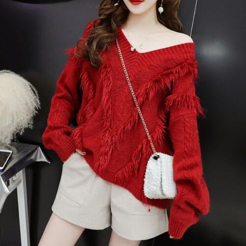 2021 Autumn Lazy Wind Loose Korean Style Knitted Pullovers Tassel V-neck Internet Celebrity Wild Long Sleeve Top Vetement Femme