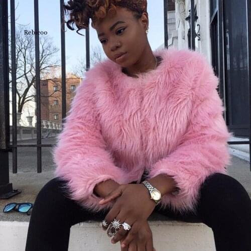 Pink Furry Fur Coat for Women White Fluffy Warm Lady Long Sleeve Female Outerwear Autumn Winter Coat Jacket Collarless Overcoat