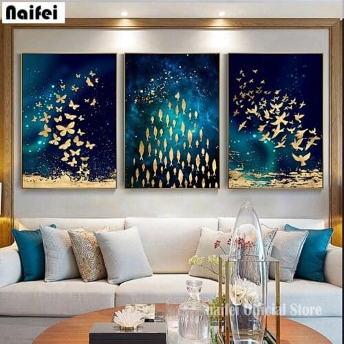Diy Diamond Painting Abstract Blue Starry Sky Golden Gold Foil Fish Bird Butterfly Embroidery landscape Rhinestones Mosaic Decor