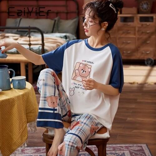 CAIYIER Spring Loungewear Women Pajamas Short Sleeve Long Pants Cartoon Printing Crew Neck Sleepwear Homesuit Homeclothes M-4XL