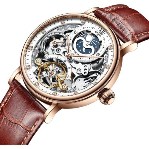 Men Mechanical Watch Luxury Automatic Watch Leather Sapphire Waterproof Sports Moon Phase Wristwatch Montre homme KINYUED