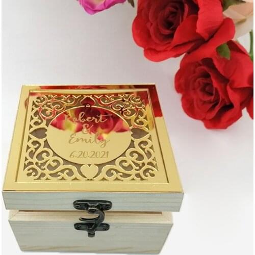Personalized Square Rustic Wedding Wooden Ring Box Custom Name & Date Engraved Ring Bearer Holder Storage Gifts Case Box