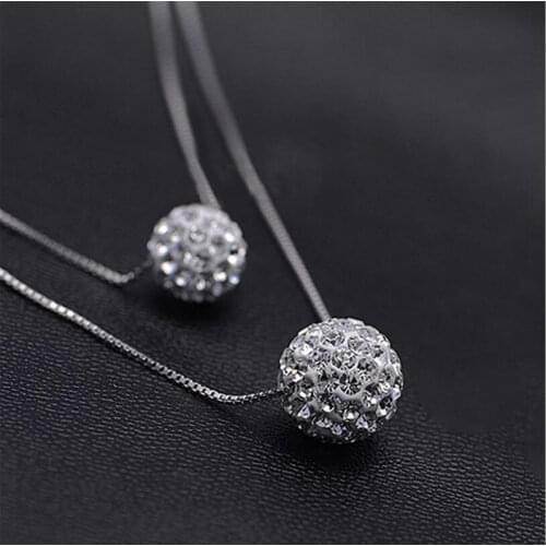 925 Sterling Silver Double Layer Chain Necklaces Crystal Lucky Ball Pendant Necklace For Women Gift collares S-N58