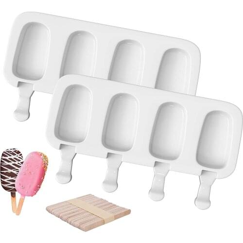 2Pcs ellipse Popsicle Molds with 50 Wooden Sticks Reusable 4 Cavities Homemade Ice Cream Mold Easy to Demold Mini Ice Pop Make