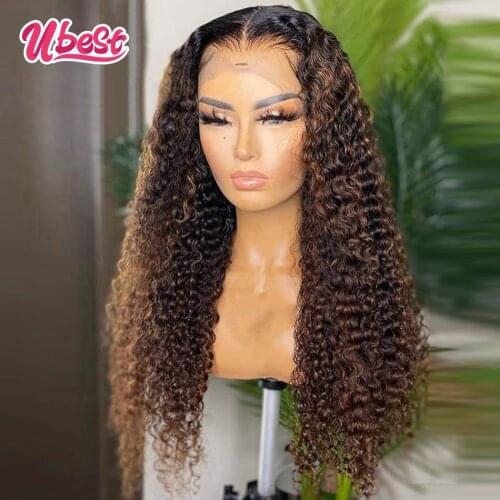Highlights Brown Curly Deep Wave Lace Front Wig Transparent Curly Human Hair Wigs for Women 180% Indian 30 Inch Lace Frontal Wig