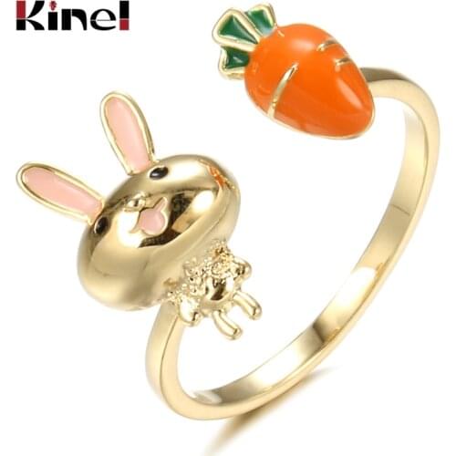 Kinel Lovely 14K Gold Enamel Carrot Bunny Ring For Girl New Year Birthday Party Gift