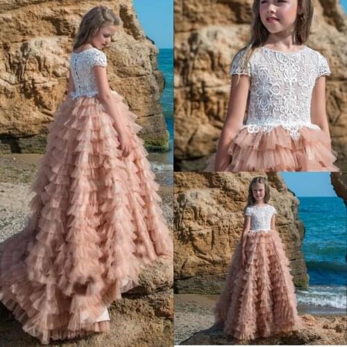 Tiered Flower Girl Dress For Special Occasion Tulle Pageant Gowns Princess Short Sleeves Custom Made Vestidos