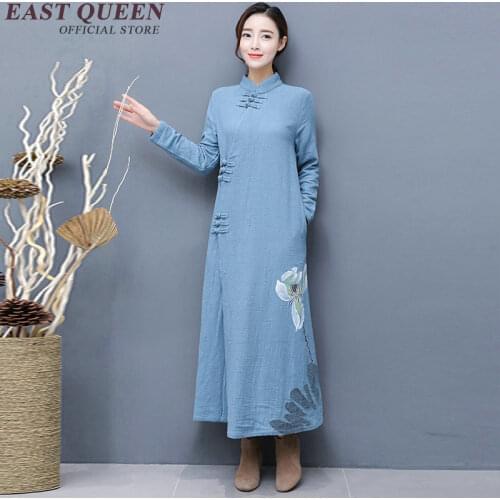 2019 Spring New chinese oriental dresses Long-Sleeved Cotton Linen Plus Size Long Linen Simple Printing AA1850 W