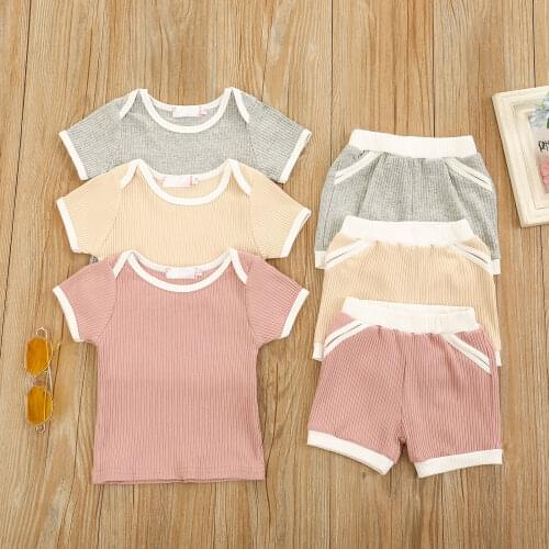 2Pcs Summer New Baby Boys Girls Ribbed Outfits Suit Baby Solid Color Block Short Sleeve Cotton Casual T-shirt+Shorts Clothes Set