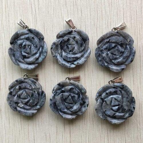 Wholesale 6pcs/lot fashion natural balck labradorite stone carved rose flower pendants charms for jewelry making free shipping